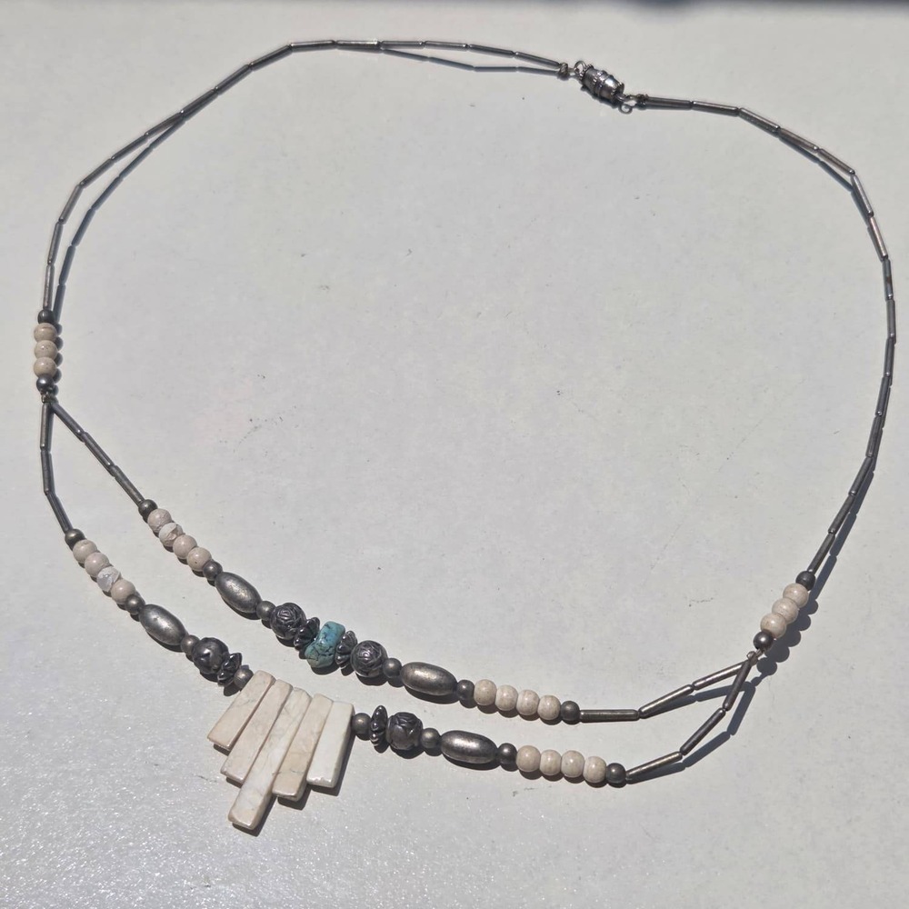 Vintage 925 Sterling Silver Stone Double Strand Necklace White Turquoise